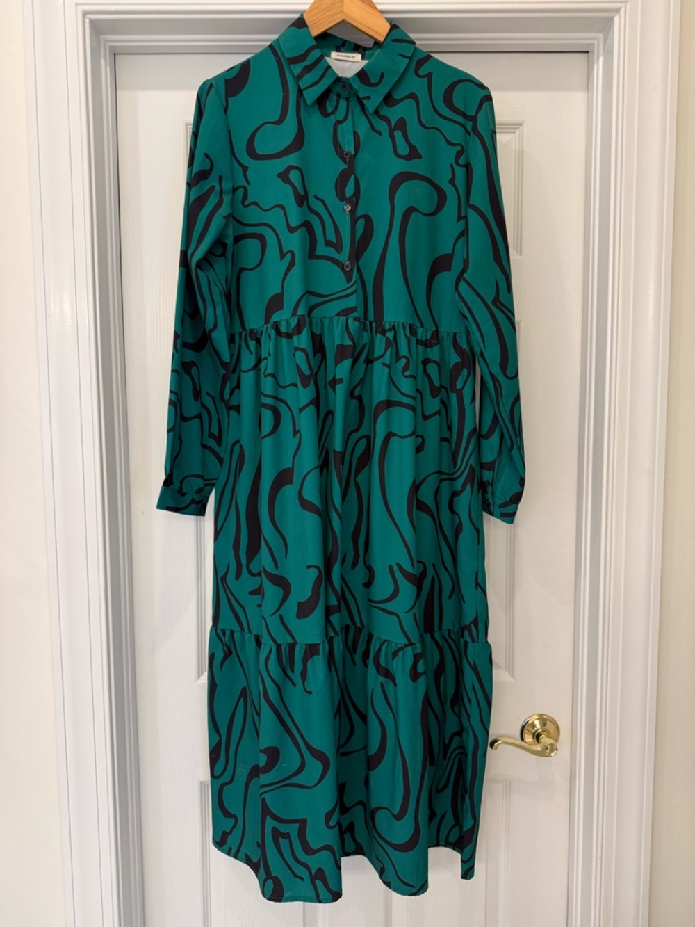 Teal & Black Abstract Print Long Sleeve Tiered Dress